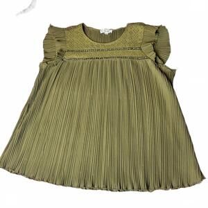 Iindigo Rose Olive Green Pleated Blouse with Eyelet Detail Size L